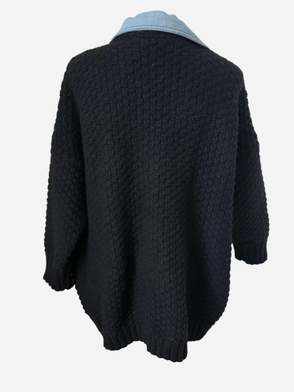 DAVI & DANI Black Knit Cardigan Coat with Light Blue Denim Trim - Picture 2 of 2